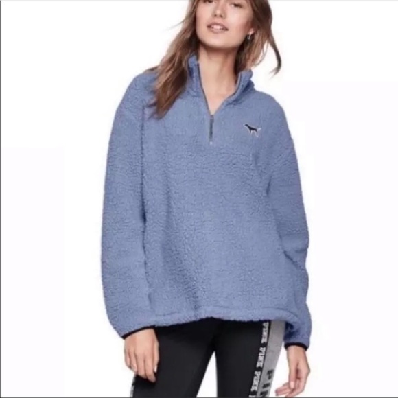 VS PINK Teddy Boyfriend 1/4 Zip Blue Pullover XS - Picture 2 of 6